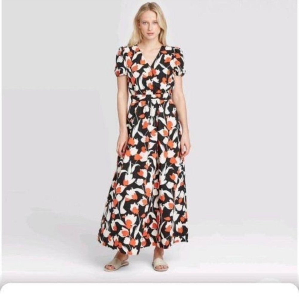 Floral V-Neck Maxi Dress 100% cotton - Black & Orange